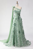Eucalyptus One Shoulder A-Line Sequins 3D Flowers Long Prom Dress with Slit