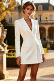 White Peak Lapel Short Blazer Wedding Dress with Sleeves