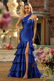Royal Blue One Shoulder Mermaid Corset Tiered Ruffle Long Prom Dress with Slit