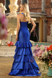Royal Blue One Shoulder Mermaid Corset Tiered Ruffle Long Prom Dress with Slit