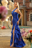 Royal Blue One Shoulder Mermaid Corset Tiered Ruffle Long Prom Dress with Slit