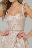 Pink A-Line Floral Printed Corset Long Prom Dress with Slit
