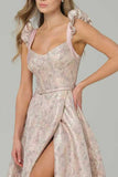 Pink A-Line Floral Printed Corset Long Prom Dress with Slit