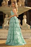Sage Green A Line Halter Beaded Cut Out Tiered Ruffle Long Prom Dress with Slit