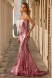 Sparkly Pink Mermaid Strapless Long Prom Dress with Bow