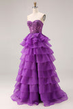 Purple A-Line Sweetheart Sheer Corset Tiered Long Prom Dress with Slit