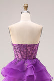 Purple A-Line Sweetheart Sheer Corset Tiered Long Prom Dress with Slit