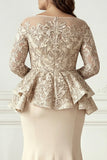 Champagne Mermaid Ruffled Long Sleeves Plus Size Mother of the Bride Dress