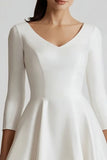 White Satin A Line V-Neck Midi Engagement Dress with 3/4 Sleeves