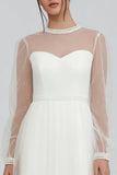 White Tulle A Line Midi Engagement Dress with Long Sleeves