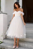 White A Line Off the Shoulder Midi Engagement Dress with Bows