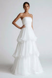 White Strapless Tiered Chiffon Long Wedding Reception Dress