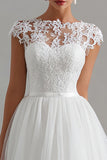 White Tulle A Line Midi Rehearsal Dinner Dress with Lace