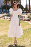 White A Line Satin Midi Engagement Dress with Puff Sleeves