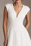 White Jacquard A Line V-Neck Midi Engagement Dress