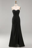 Black Chiffon Ruched Sweetheart Mermaid Long Formal Dress with Slit
