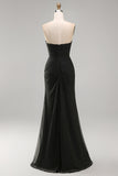 Black Chiffon Ruched Sweetheart Mermaid Long Formal Dress with Slit