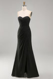 Black Chiffon Ruched Sweetheart Mermaid Long Formal Dress with Slit
