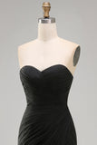 Black Chiffon Ruched Sweetheart Mermaid Long Formal Dress with Slit