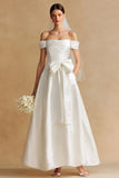 Off The Shoulder White A Line Courthouse Wedding Dress with Bow