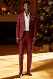 Red Black Plaid Notched Lapel 2 Piece Men's Prom Suits