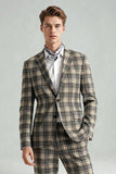 Brown Grey 2 Piece Notched Lapel Grid Men's Prom Suits with Pockets