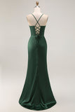 Dark Green Corset Satin Prom Dress With Slit