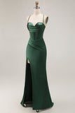 Dark Green Corset Satin Prom Dress With Slit