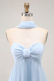 Strapless Sky Blue A Line Pleated Bridesmaid Dress with Halter Scarf