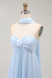 Strapless Sky Blue A Line Pleated Bridesmaid Dress with Halter Scarf