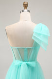 Mint Green A Line One Shoulder Corset Long Prom Dress With Slit