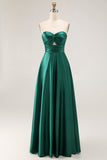 Strapless A Line Dark Green Cut-Out Satin Wedding Guest Dress