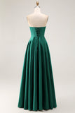 Strapless A Line Dark Green Cut-Out Satin Wedding Guest Dress