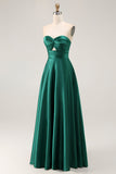 Strapless A Line Dark Green Cut-Out Satin Wedding Guest Dress