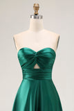 Strapless A Line Dark Green Cut-Out Satin Wedding Guest Dress