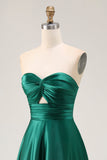 Strapless A Line Dark Green Cut-Out Satin Wedding Guest Dress