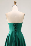 Strapless A Line Dark Green Cut-Out Satin Wedding Guest Dress