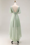 Sage Green A Line Pleated High Low Bridesmaid Dress with Short Sleeves