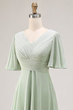 Sage Green A Line Pleated High Low Bridesmaid Dress with Short Sleeves