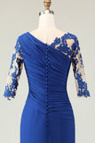 Royal Blue Mermaid Appliqued Ruched Mother of the Bride Dress with Sleeves