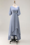 Dusty Blue Asymmetrical Neck A Line Mother Of The Bride Dress With Sleeves