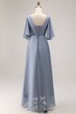 Dusty Blue Asymmetrical Neck A Line Mother Of The Bride Dress With Sleeves