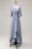 Dusty Blue Asymmetrical Neck A Line Mother Of The Bride Dress With Sleeves