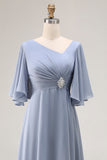 Dusty Blue Asymmetrical Neck A Line Mother Of The Bride Dress With Sleeves