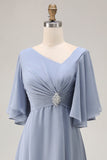 Dusty Blue Asymmetrical Neck A Line Mother Of The Bride Dress With Sleeves