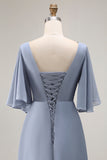 Dusty Blue Asymmetrical Neck A Line Mother Of The Bride Dress With Sleeves