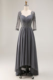 Steel Grey Appliqued A Line Beaded Pleated Mother Of The Bride Dress with Half Sleeves