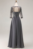 Steel Grey Appliqued A Line Beaded Pleated Mother Of The Bride Dress with Half Sleeves