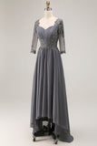 Steel Grey Appliqued A Line Beaded Pleated Mother Of The Bride Dress with Half Sleeves