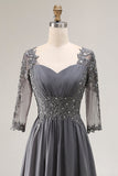 Steel Grey Appliqued A Line Beaded Pleated Mother Of The Bride Dress with Half Sleeves